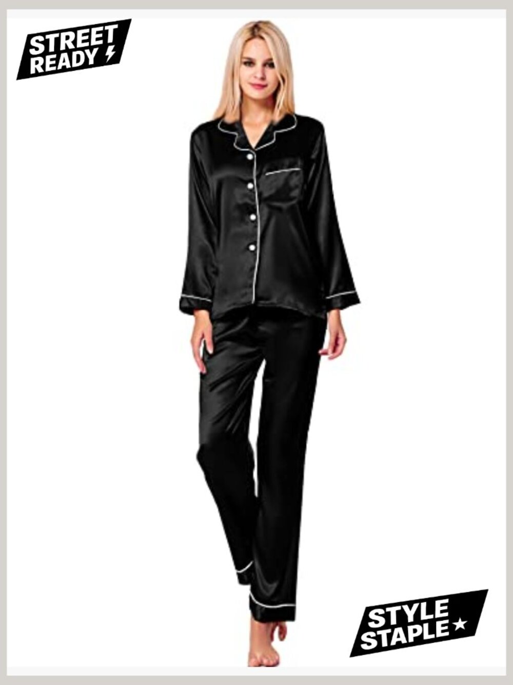 Silk Satin Pajama Set Long Sleeve Button Down Sleepwear 2 Piece Lounge Set - Picture 3 of 7